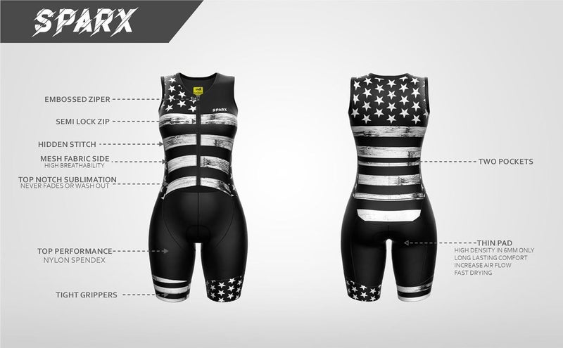 Women's Triathlon Suit One Piece Sleeveless Full Zipper Tri Suit Quick Drying Running Swimming Cycling (B&W Flag, Small)
